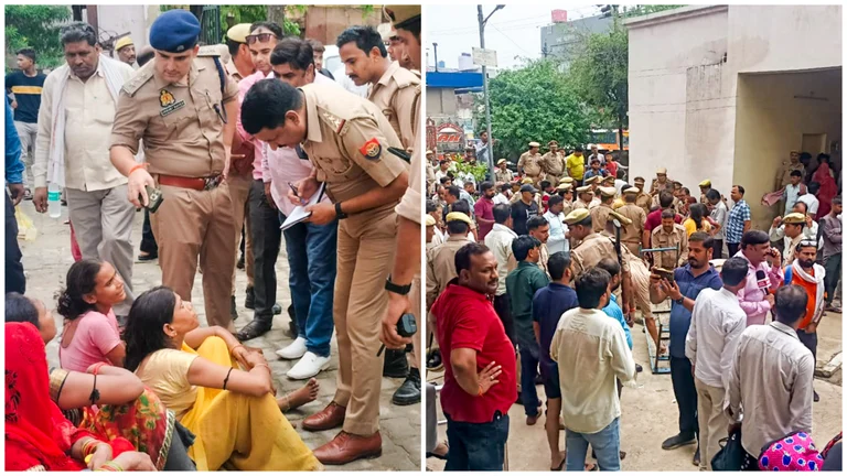 Police personnel outside a hospital where victims of the Hathras' stampede are admitted, in Etah - PTI